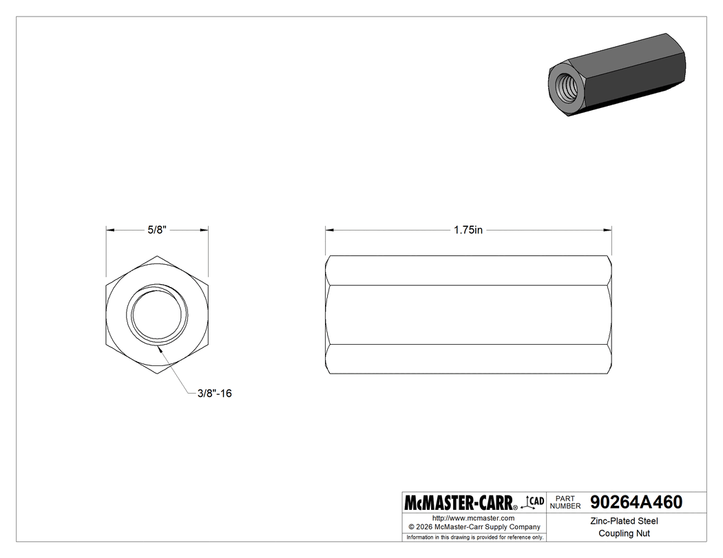 Technical Drawing of Zinc-Plated Steel Coupling Nut, Low-Strength, 3/8"-16 Thread Size, 1-3/4" Long.